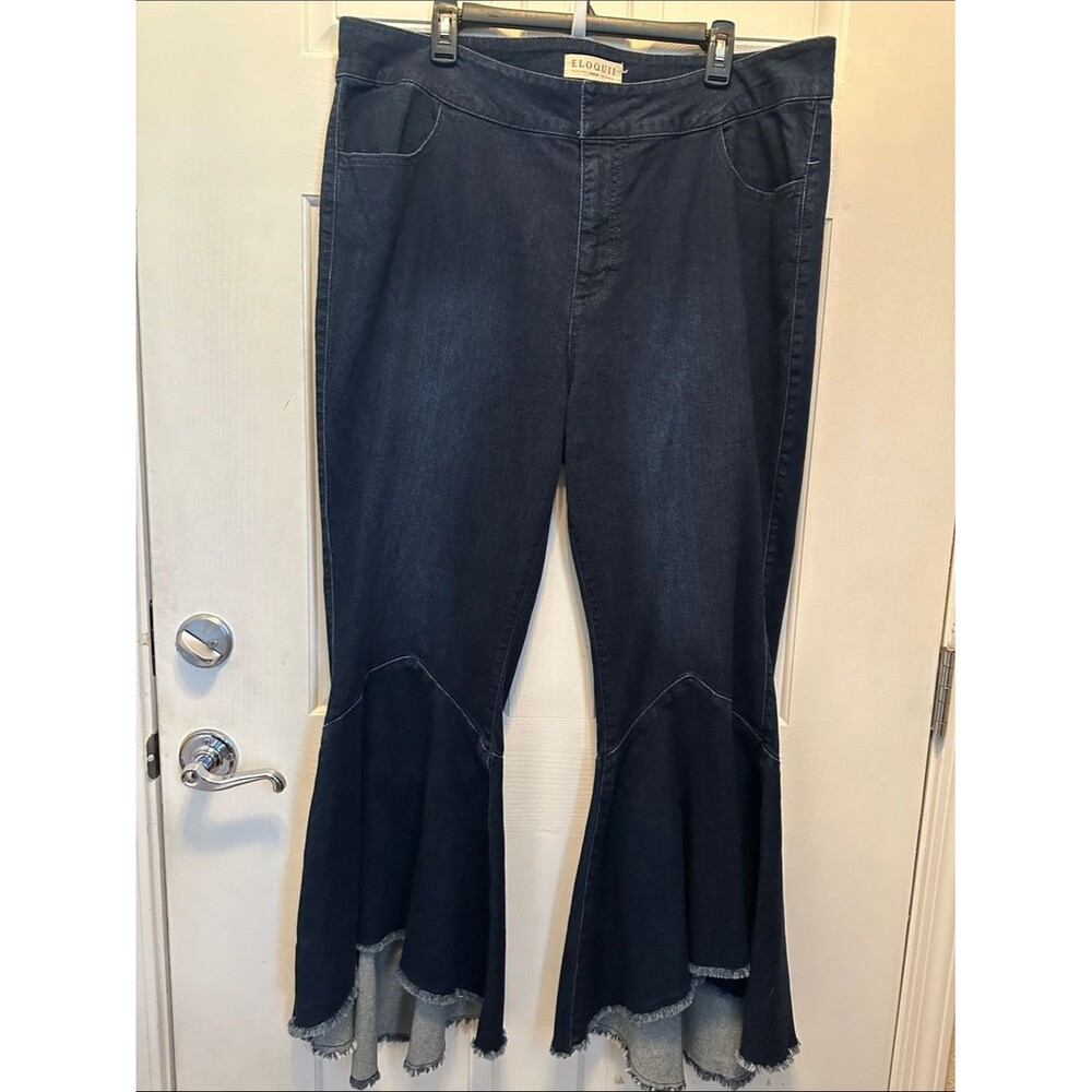 Eloquii Dark Indigo Flare Jeans with Ruffled Hem Plus Size